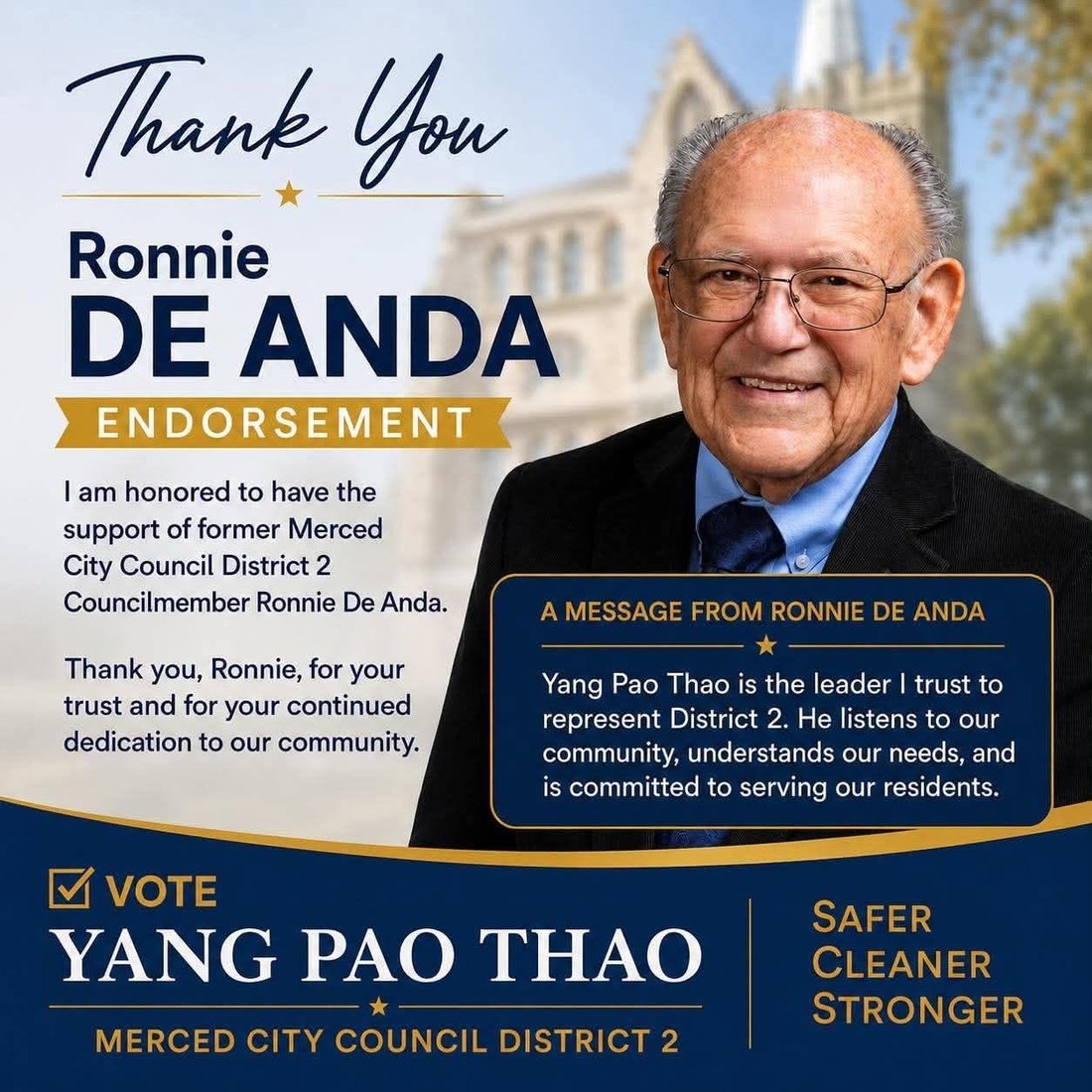 Endorsement graphic: Thank you Ronnie De Anda. A message from Ronnie De Anda — “Yang Pao Thao is the leader I trust to represent District 2. He listens to our community, understands our needs, and is committed to serving our residents.”